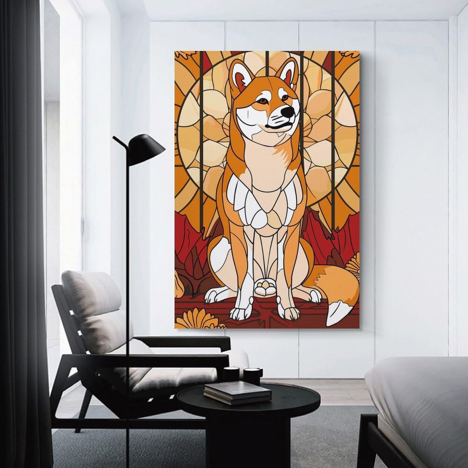 Junmoney Shiba Inu in Stained Glass Style Wall Art Print, 20x30inch(50x75cm), for Wall Displays, Bedrooms Or Room Updates, A Versatile Canvas Print for Layering