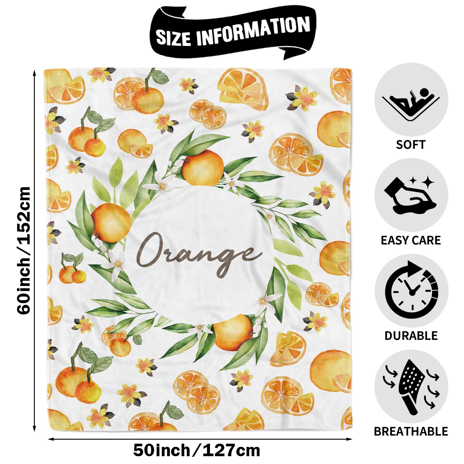 TUTUXMA Orange Fruit Throw Blanket, Soft Cozy Floral Orange Blanket for Girls 130x150cm - Image 2