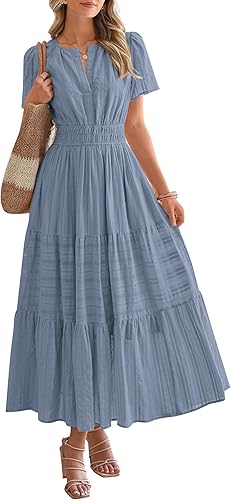 BTFBM Womens Summer 2026 Casual Midi Maxi Dresses Lightweight Short Sleeve V Neck Elastic Waist Boho Beach Dress Pockets