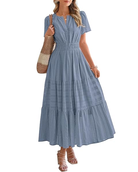 BTFBM Womens Summer 2025 Casual Midi Maxi Dresses Lightweight Short Sleeve V Neck Elastic Waist Boho Beach Dress Pockets