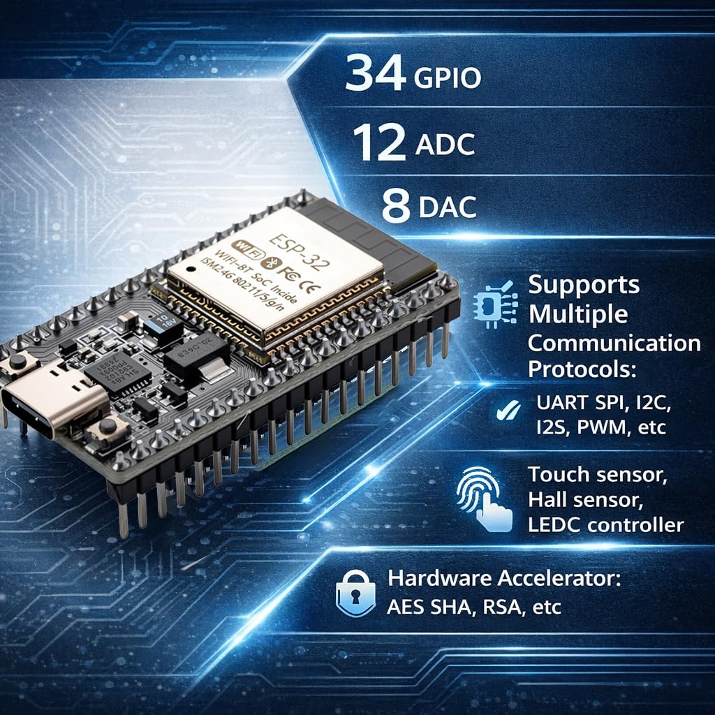 ESP32 płytka rozwojowa typu C, dwurdzeniowy moduł WiFi Bluetooth 240 MHz ESP32-WROOM-32 z CP2102, zawiera kabel USB, kompatybilny z Arduino IDE MicroPython do projektów IoT