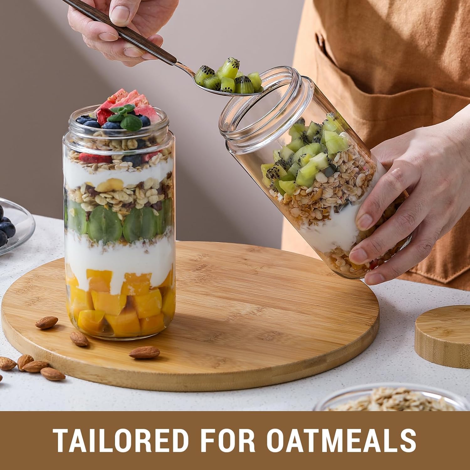 NETANY 4-pack 24oz Glass jars with Airtight Lids, Overnight Oats Containers with Bamboo Lids, Wide mouth Mason Salad jars, Glass Food Storage Containers for Snacks Yogurt Spice Sugar - Image 4