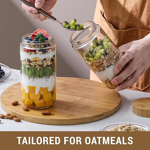 Miniatura 11 de NETANY Paquete de 4 tarros de vidrio de 16 onzas con tapas herméticas, recipientes de avena durante la noche con tapas de bambú, tarros de ensalada