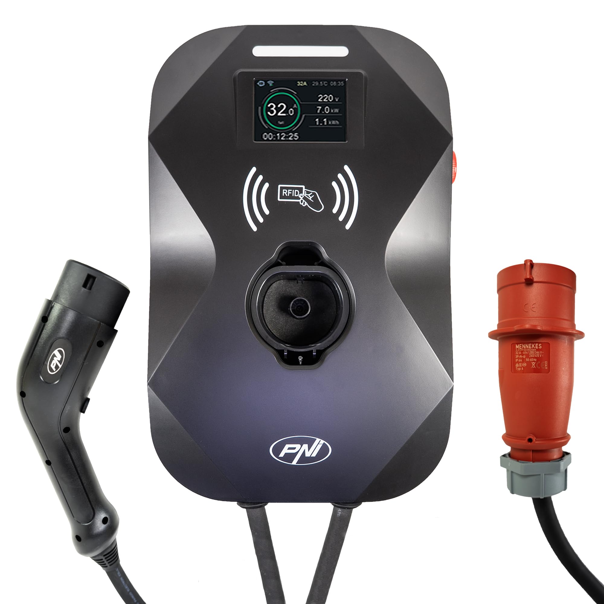 PNI Estación de Carga KW22 32A, 22KW, para Coches eléctricos, 85V - 415V, trifásica, Cable Tipo 2 de 7 Pines, Pantalla de 3,5 Pulgadas, con Bluetooth, Control Mediante App
