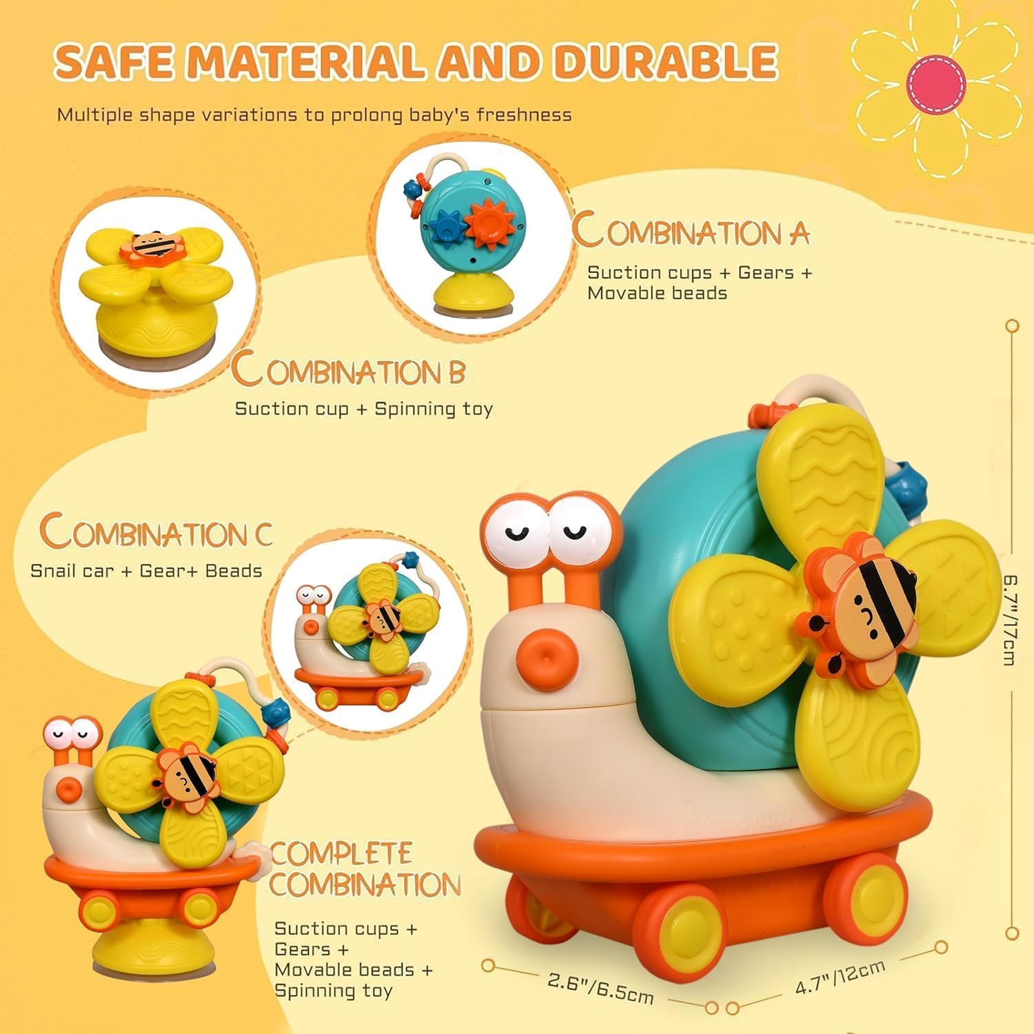 TIUDTOY 5-in-1 Baby Suction Spinner Toy, Interactive Learning Set with Rattle and Sensory Play, for 6+ Months Kids - Orange & Cream 3