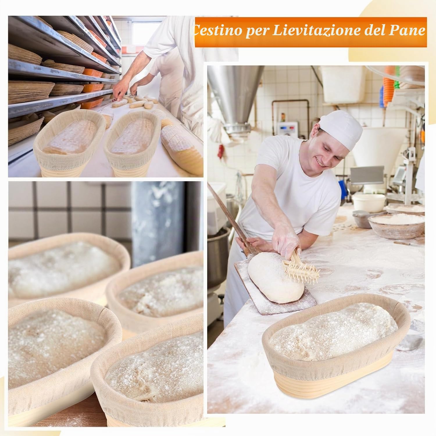 Confezione da 6 cestini ovali lunghi per la lievitazione del pane, in rattan, con fodera in lino, per panettieri professionali e casalinghi, 17 x 11,9 x 6,1 cm | Set di cesti in rattan fatti a mano per la produzione di pane e pasta saura, 6 pezzi (17,8 cm