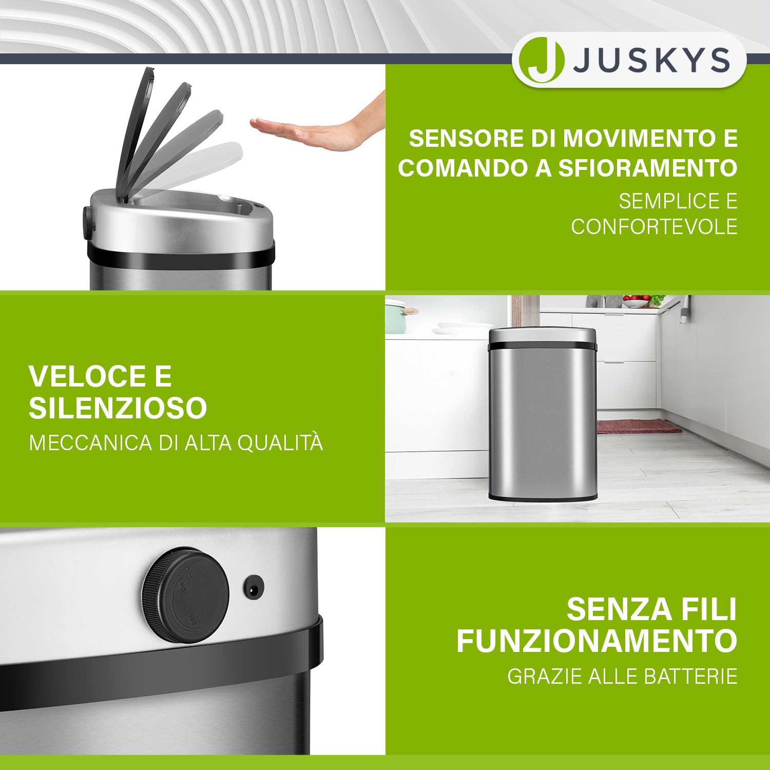 Juskys cestino elettrico e impermeabile da cucina con sensore di movimento, coperchio automatico, forma rettangolare - 50 L - Argento