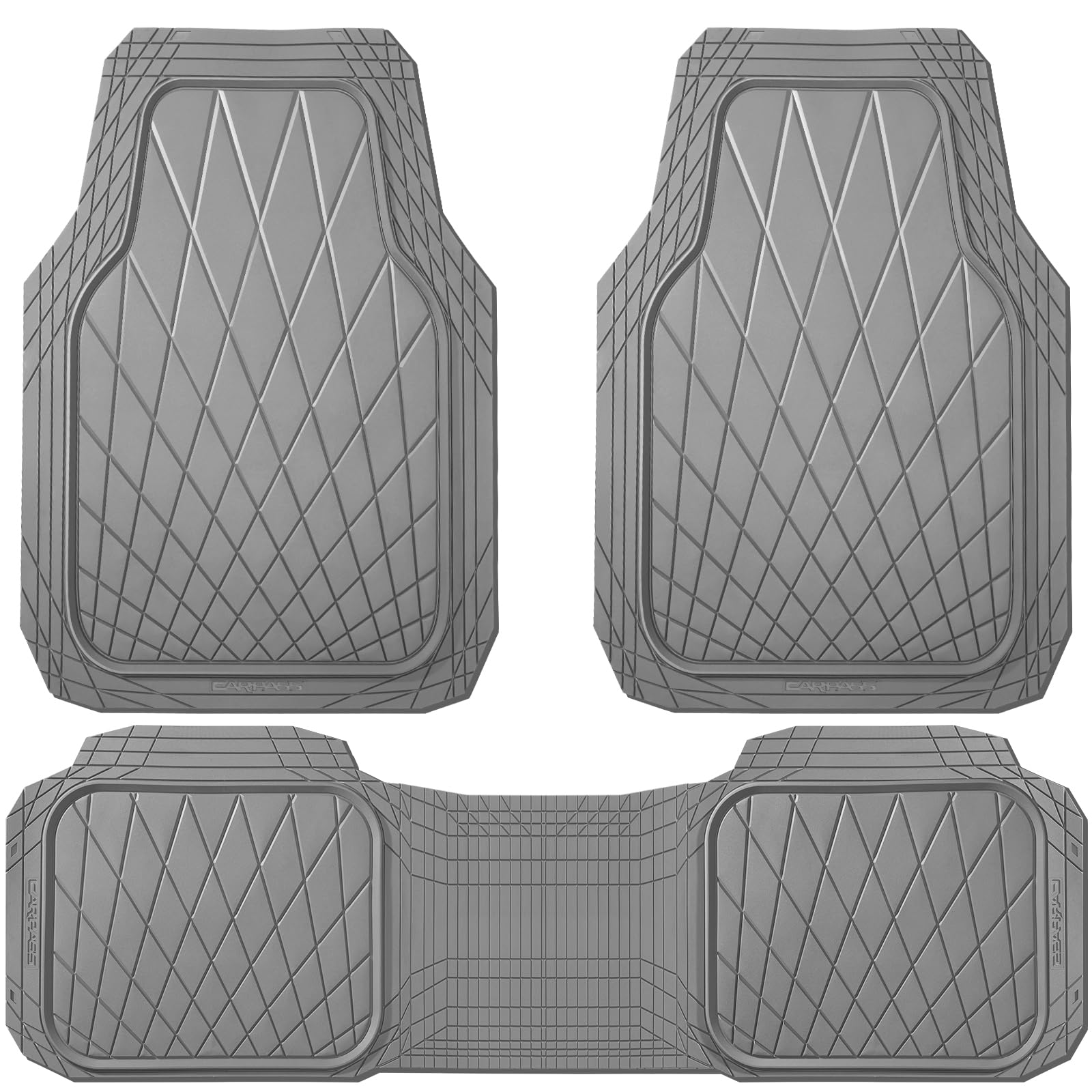 CAR PASS Heavy Duty Rubber Car Floor Mats, Deep Dish All Weather Car Mats Full Set, 3 Piece Waterproof Premium Anti-Slip Floor Mats Rugs Universal Trim to Fit for 95% Sedan SUV Van Truck, All Gray