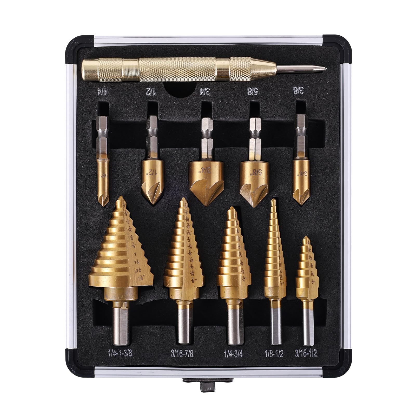 Juego de 5 brocas escalonadas y 5 brocas avellanadas, revestimiento de titanio, broca de paso HSS, 50 tamaños de broca escalonada para metal con carcasa de aluminio, brocas escalonadas de