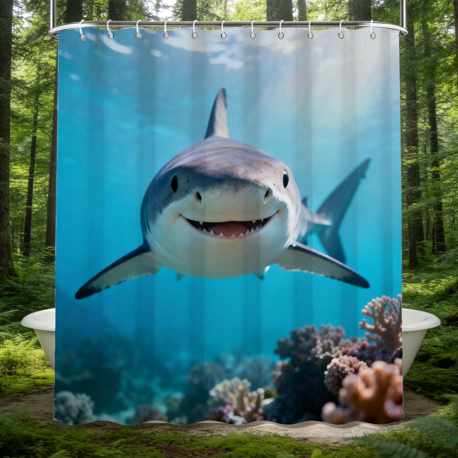 Hongduo 3D Shark Illustration Shower Curtain for Stalls Bathtubs Ocean Life Bathroom Decor Shower Curtain Set Polyester Fabric Waterproof 180x200cm/71X79 Inch with Hooks