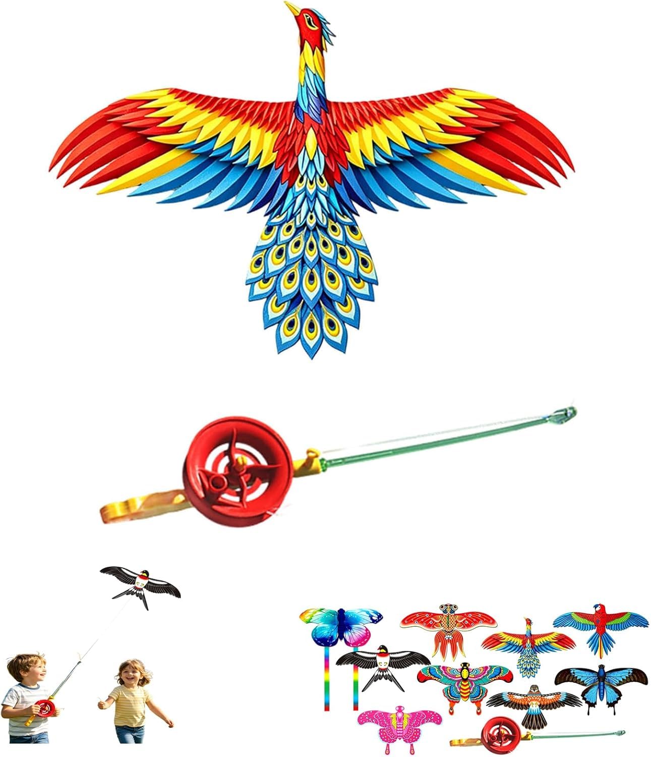 Fishing Poles Kite, Beach Toys, Angling Themed Flying Toy, Dynamic Wing Kites with Fishing Rod Line, Dynamic Winds Flying Toys for Outdoor, Beach Kite for Family Outdoor Activities (Green)