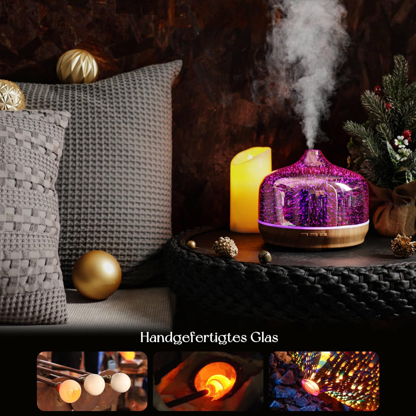 Porseme Aroma Diffuser 500ml,Handgeblasen Glas Luftbefeuchter,Ultraschall Aromatherapie Öle Diffusor mit 7 Farben LED Licht,Diffusor für Ätherische Öle Hält 15-21 Stunden,Leise für Wohnung (Rosegold)