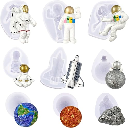 Woohome 9 moldes de silicona para fondant de astronauta, moldes de silicona de astronauta de nave espacial para cupcakes de baby shower, decoración