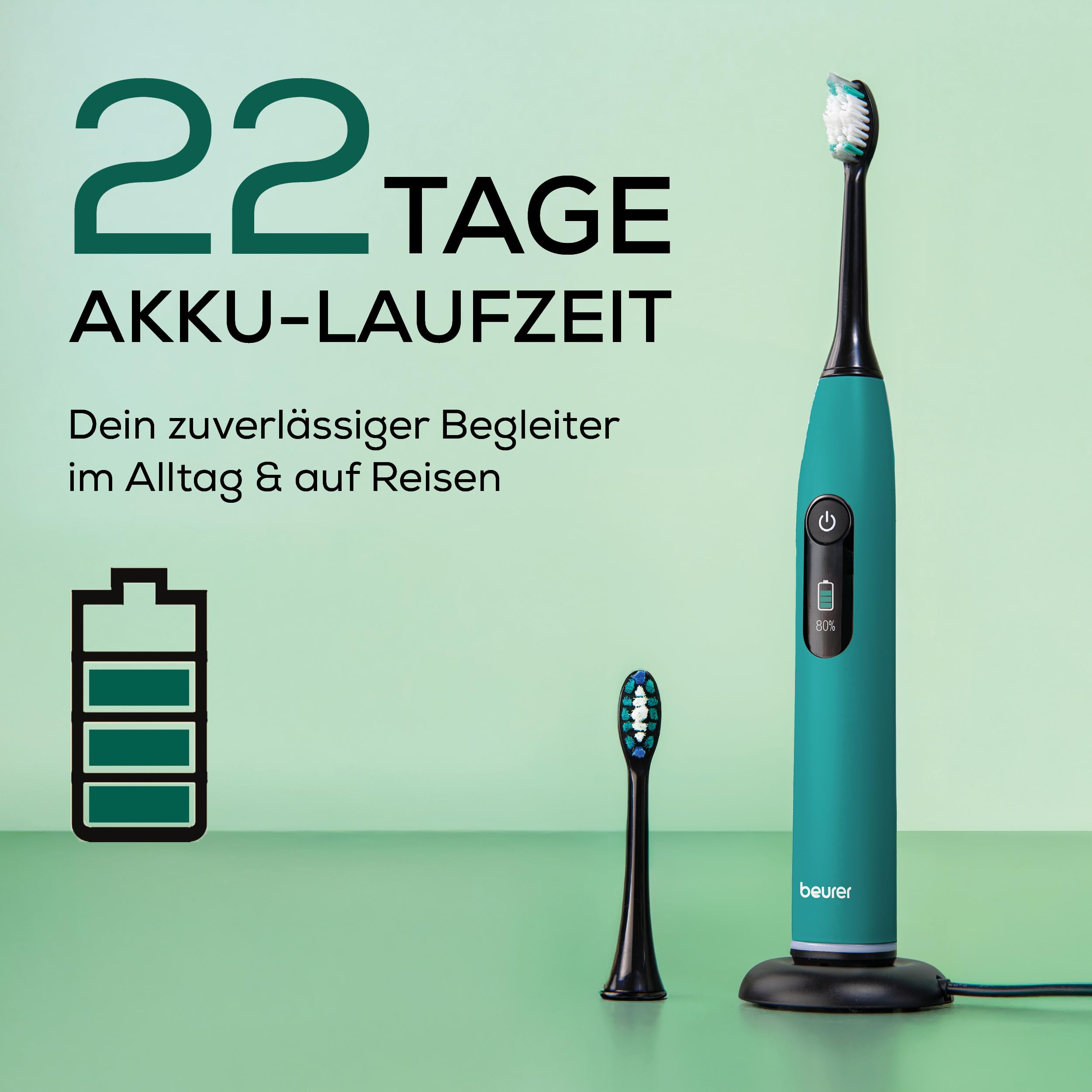 Beurer SC 50 Schallzahnbürste, elektrische Zahnbürste mit 5 Putzmodi & Andrucksensor, 80.000 Schwingungen, Display mit Putzdauer-Anzeige, inkl. 2 Aufsteckbürsten (Ocean Breeze)