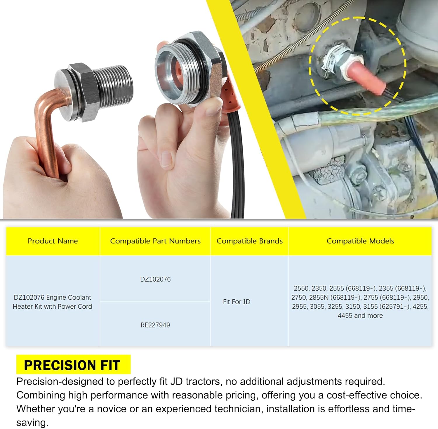 DZ102076 Engine Coolant Heater Kit with 220V Power Cord, Copper Core for Efficient Heating | Fits for JD Tractors 2550, 2350, 2555, 2355 & More | Engine Block Heater Kit Replaces for RE227949
