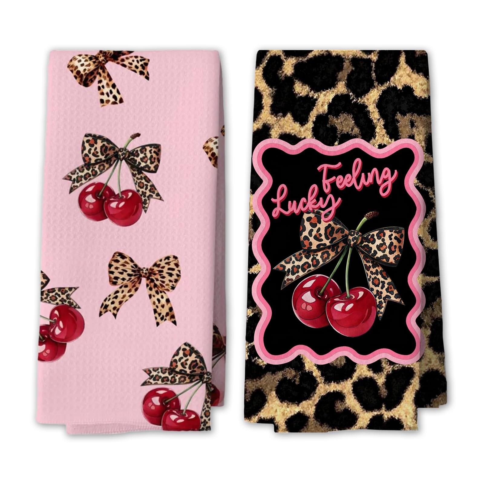 Clyrax 2 Pcs Leopard Print Kitchen Towel Set, Hand Towels for Kitchen & Bathroom, Leopard Print Towel with Cherry Bow & Design, Reusable Microfibre Towel, Tea Towels for Kitchen Decor, 40x60cm