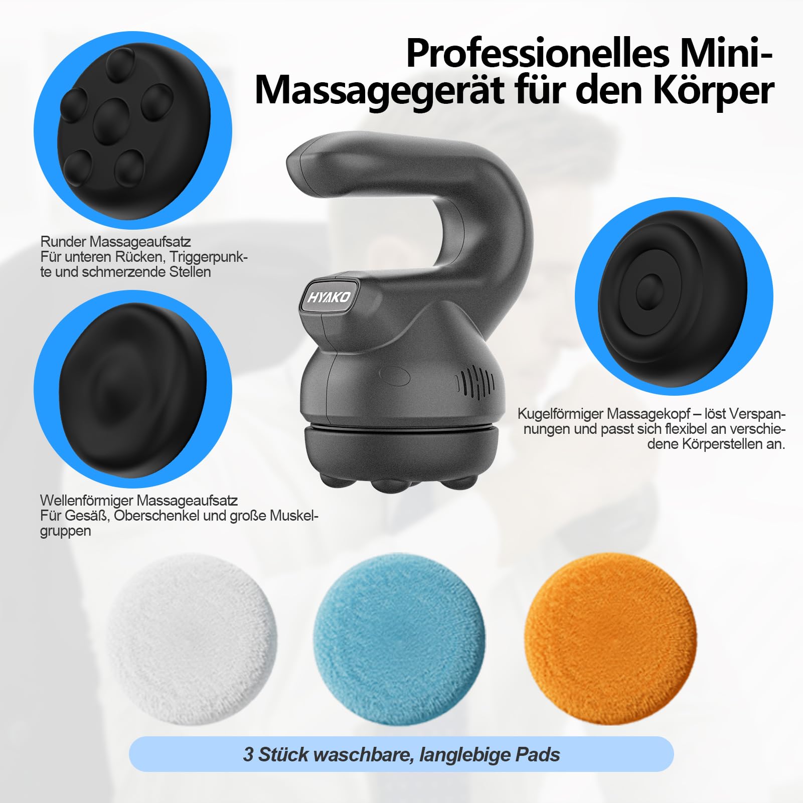 HYAKO Mini Tiefengewebe Orbital Massagegerät 3 Kugelkopf & Tasche und Leise | Durchblutungsförderung, Nacken & Schultermassage, Ergonomie, Stressabbau, Ermüdung reduzieren, Schlaf fördern