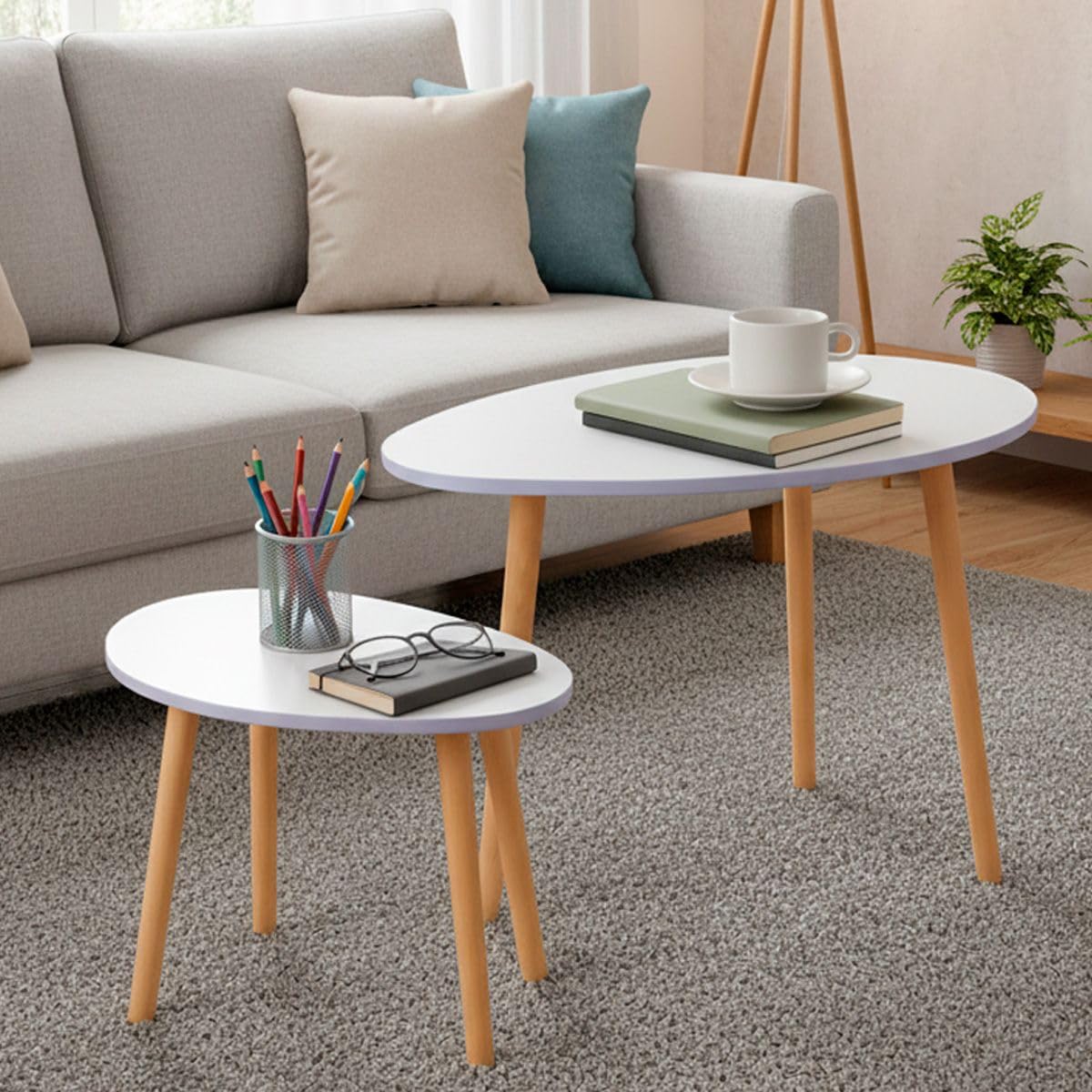 SELECTSHOP Set de 2 Mesas Minimalistas Ovaladas Mesa Auxiliar Lateral Mesita Moderna Minimalista para Sala De Estar Dormitorio Balcón Mesa de Centro Mesita De Noche Grande (Blanca)
