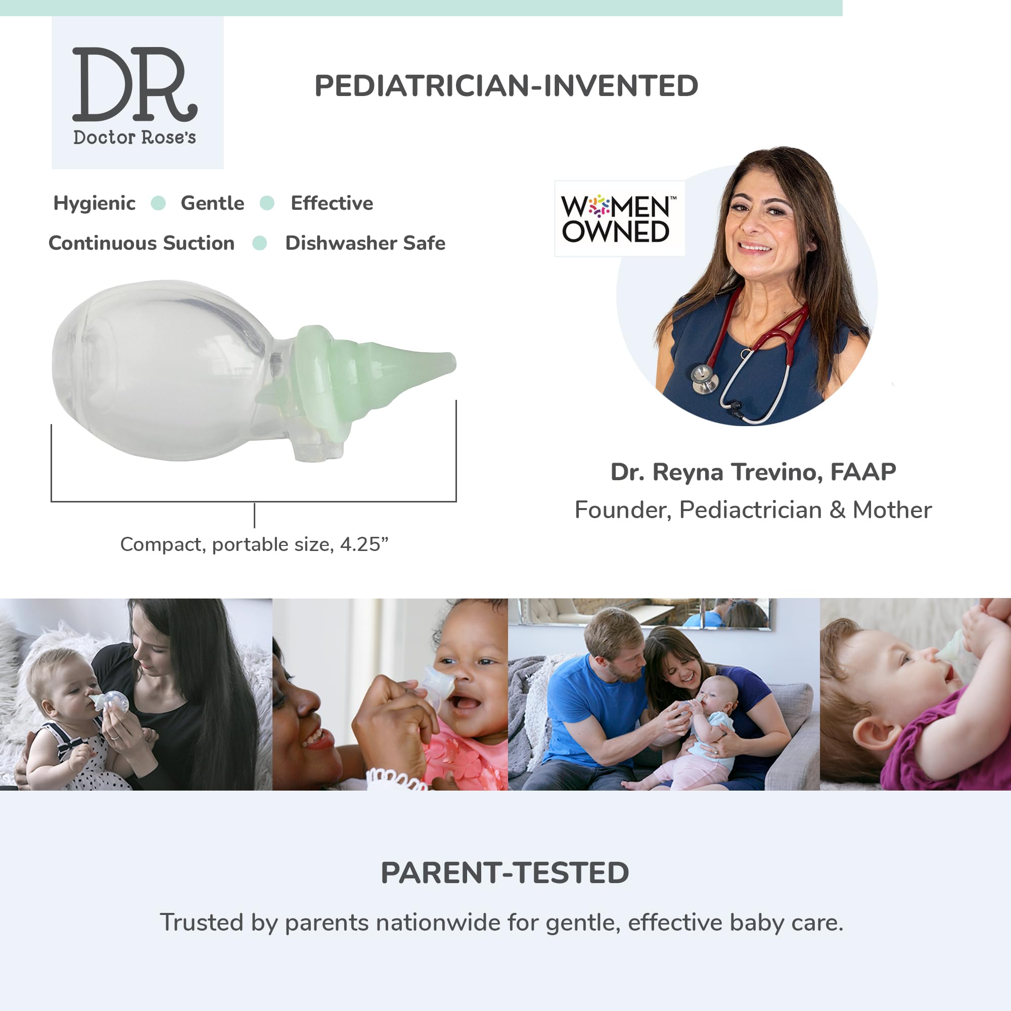 Dr. Rose's - Aspirador nasal para bebé, succión de mocos de doble succión patentada por pediatra para bebé, recogedor de mocos de bebé diseñado por pediatras, ventosa de fácil limpieza para bebé,
