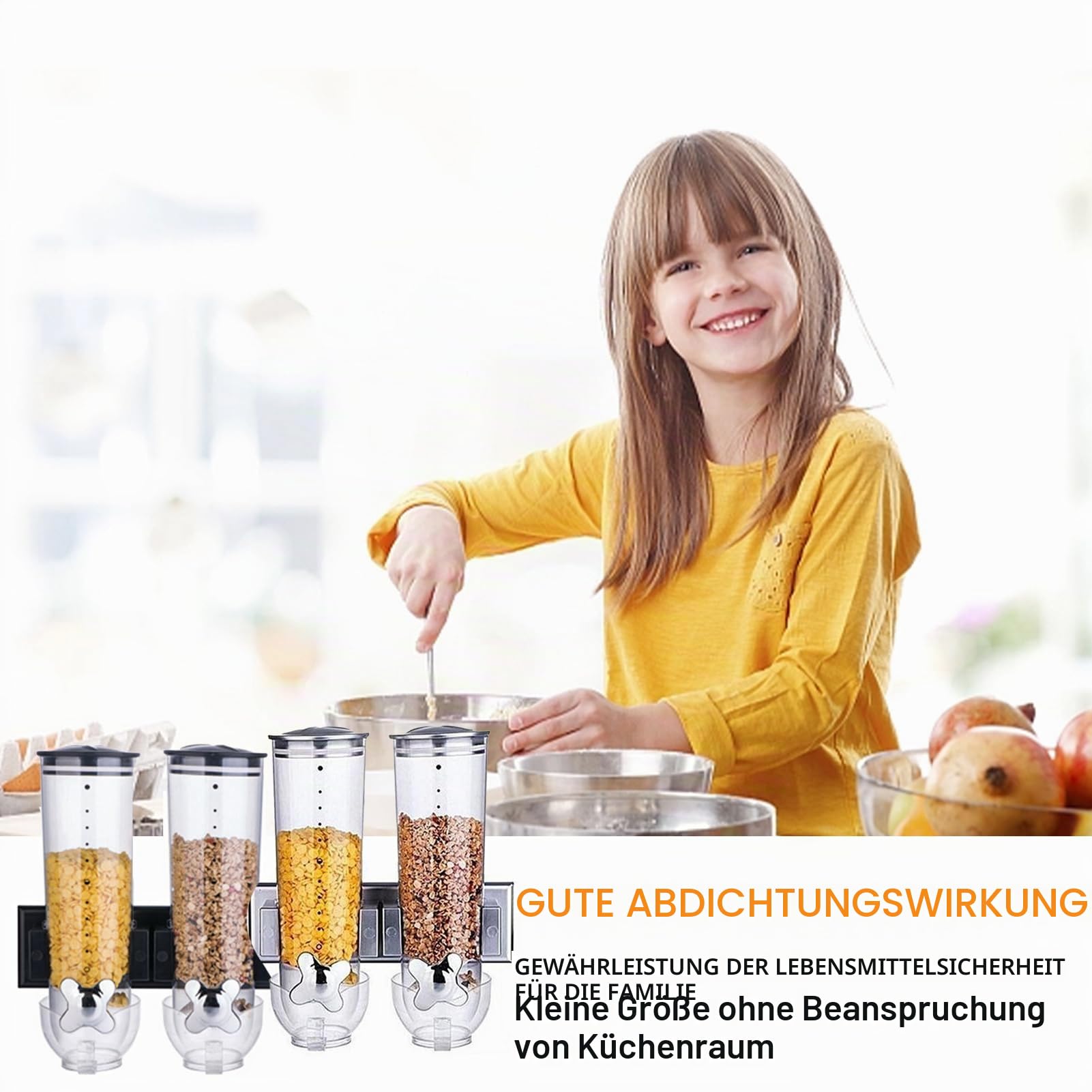 Syfunlv Double cereal dispenser, wall-mounted cereal dispenser, 29.2×31cm Mit Verschlussbecher,2L Kunststoff,rotary system, BPA-free, practical storage für nuts,Cornflakes und Süßigkeiten