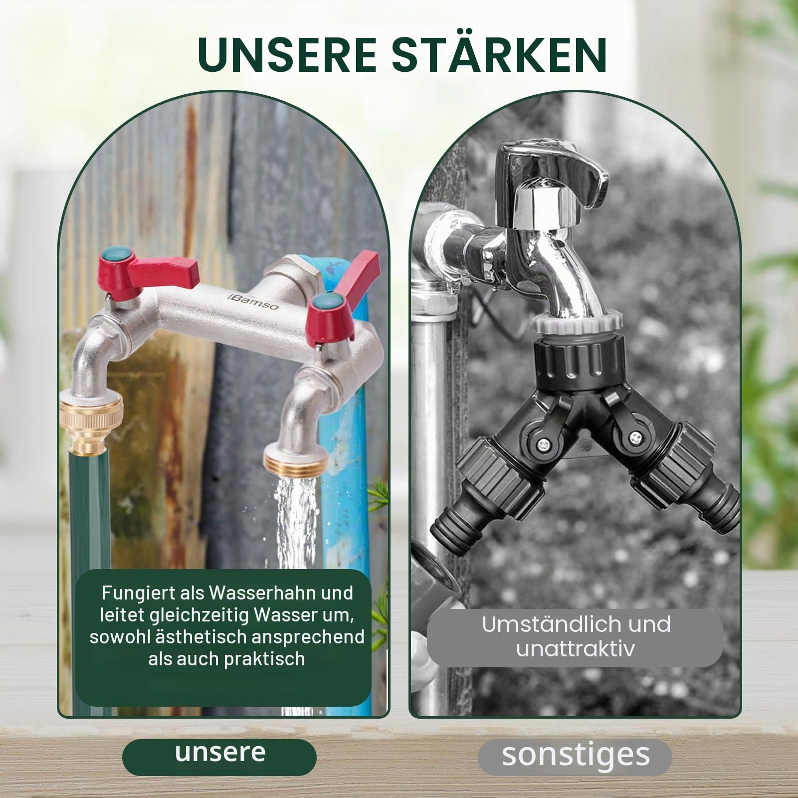 Messing 1/2 Zoll Doppelhahn & Splitter, 1/2 Zoll Einlass & zwei 3/4 Zoll Ausgänge, Kugelhahnhahn, 2-Wege-Wasserhahnanschluss