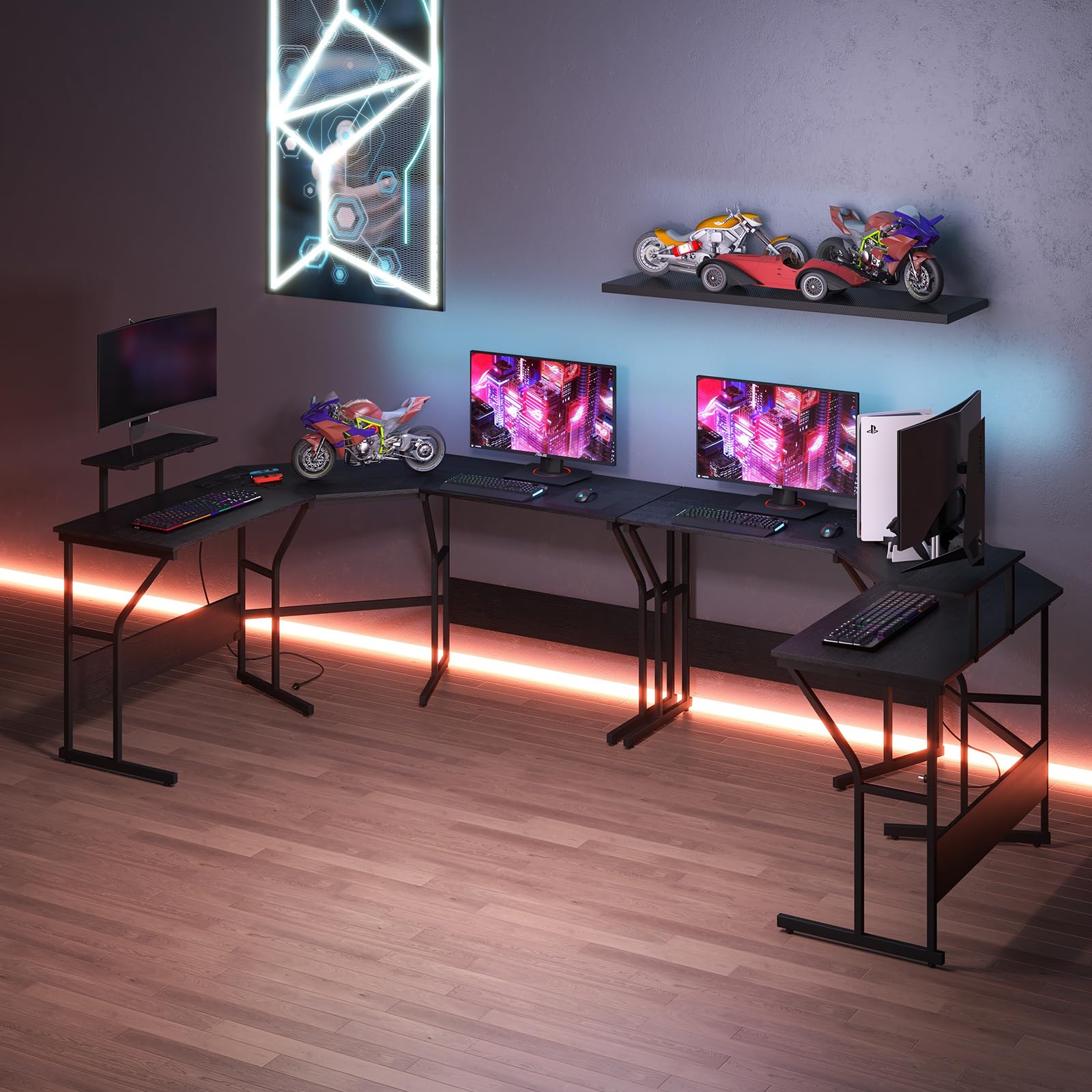 COSTWAY Scrivania ad Angolo a Forma di L con Presa Elettrica, Scrivania Angolare per Computer con Supporto Monitor Movibile, 225cm Postazione da Lavoro per 2 Persone per Lavoro e Gioco (Nero)