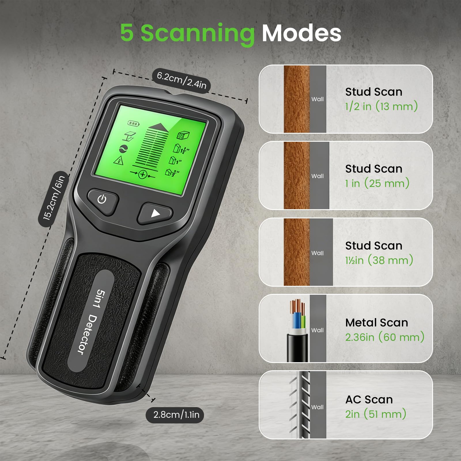 5 en1 Détecteur de Cable Électrique Mur, Detecteur de Cable Electrique avec Écran HD LCD et Alerte Sonore, Scanner Mural pour Localiser Les Métaux Chevilles en Bois Câbles Électriques CA