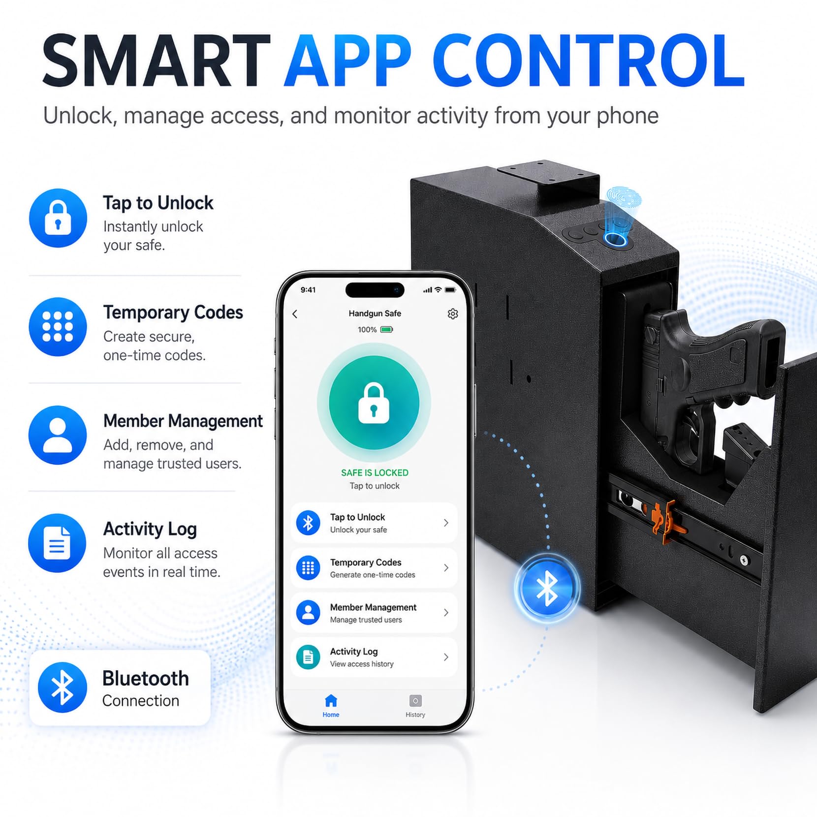 Cassaforte intelligente per fucile biometrico, con controllo tramite app, tastiera digitale, struttura in acciaio al carbonio, esterno in pelle, scanner per impronte digitali, per uso