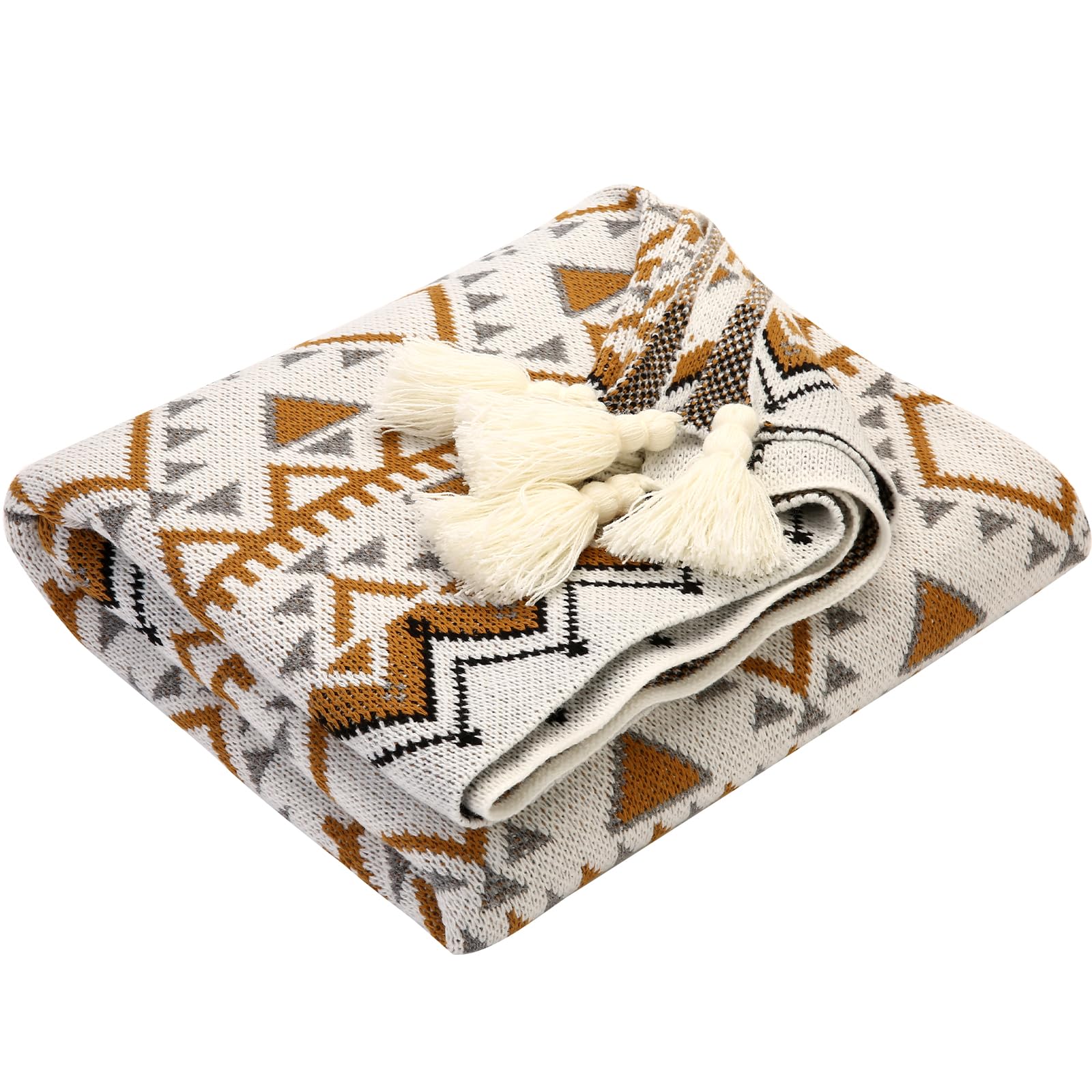 GXIHOUSLGC Orange Pattern Toile Boho Throw Blanket,Knitted Tassel Throw Blanket,Soft Lightweight Air Conditioning Blanket for Sofa Couch Bed and Living Room- All Seasons(Yellow Orange)