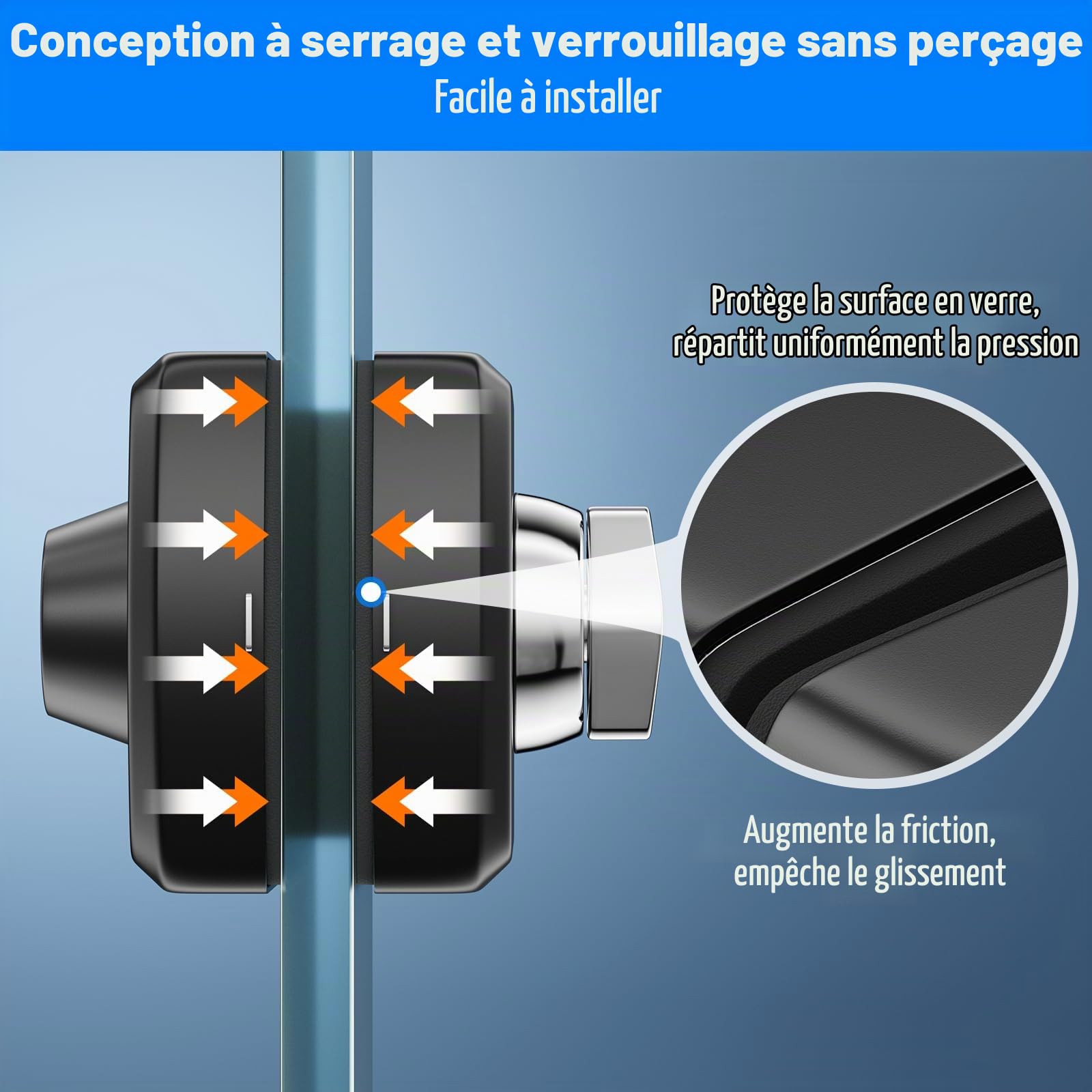 Serrure pour Porte en Verre Sans Perçage en Acier Inoxydable 304, Finition Noir Mat, Double Verrouillage Clé et Bouton, Sécurité Renforcée pour Verre Trempé 10–12 mm, Maison Bureau Salle de Bain