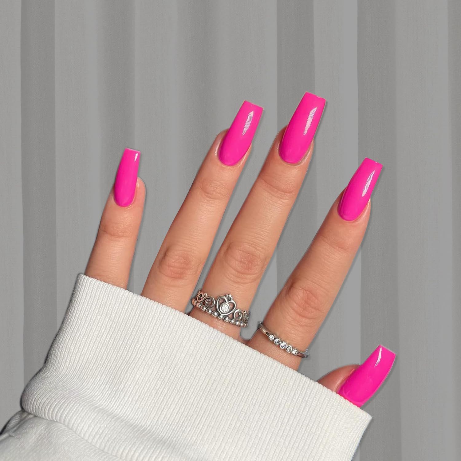 KQueenest Hot Pink Press on Nails Long Square, Neon Pink False Nails Long Medium Coffin - Image 2