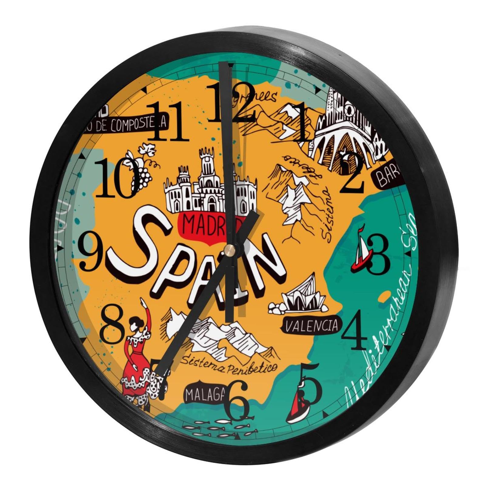 Horloge murale pour maison et école grand cadran rond Espagne lisible à piles
