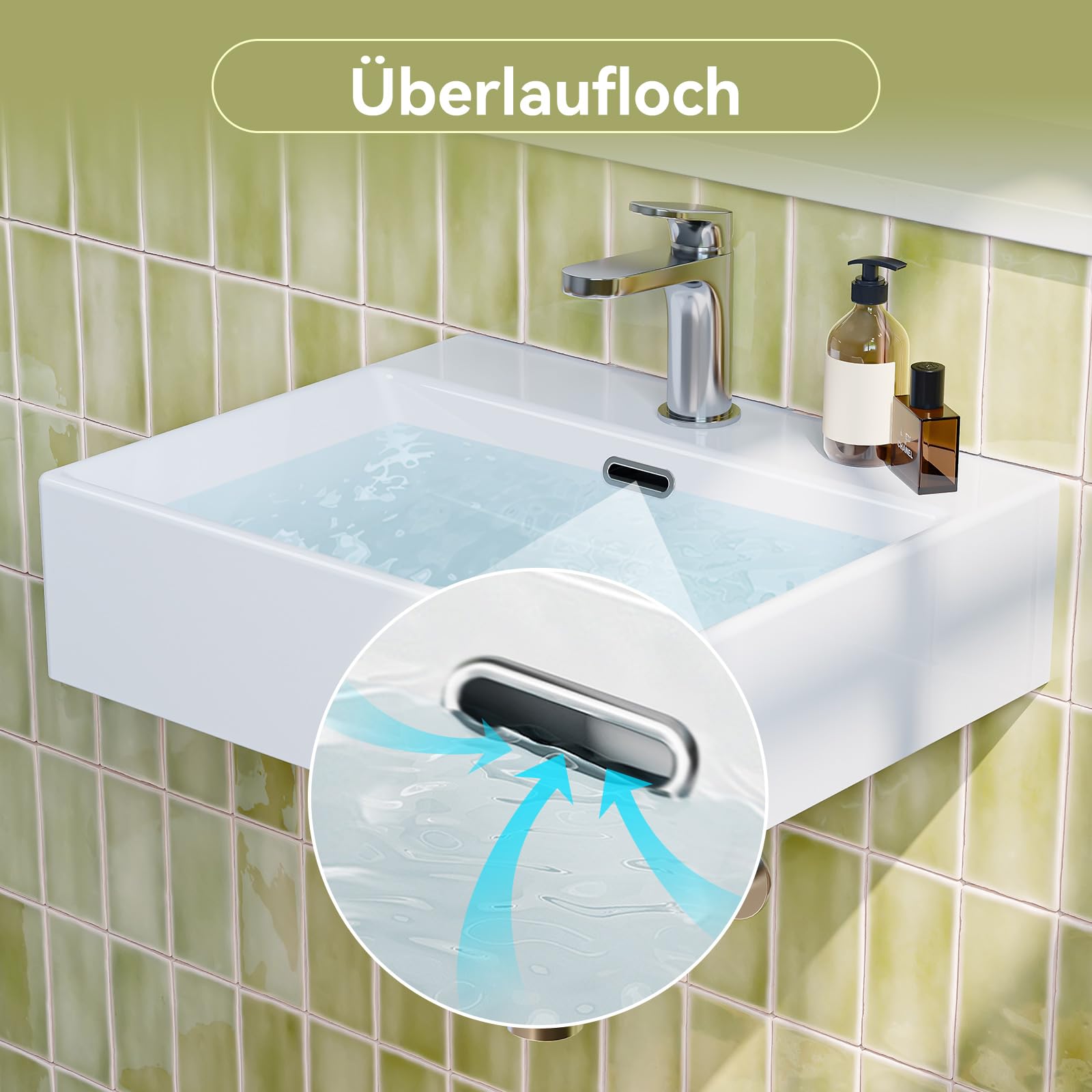 Lavabo in ceramica – Lavabo angolare – Lavabo da appoggio per gli ospiti – Lavabo sospeso con rivestimento nano effetto loto, troppopieno – bianco – 50,5 x 42 x 14 cm