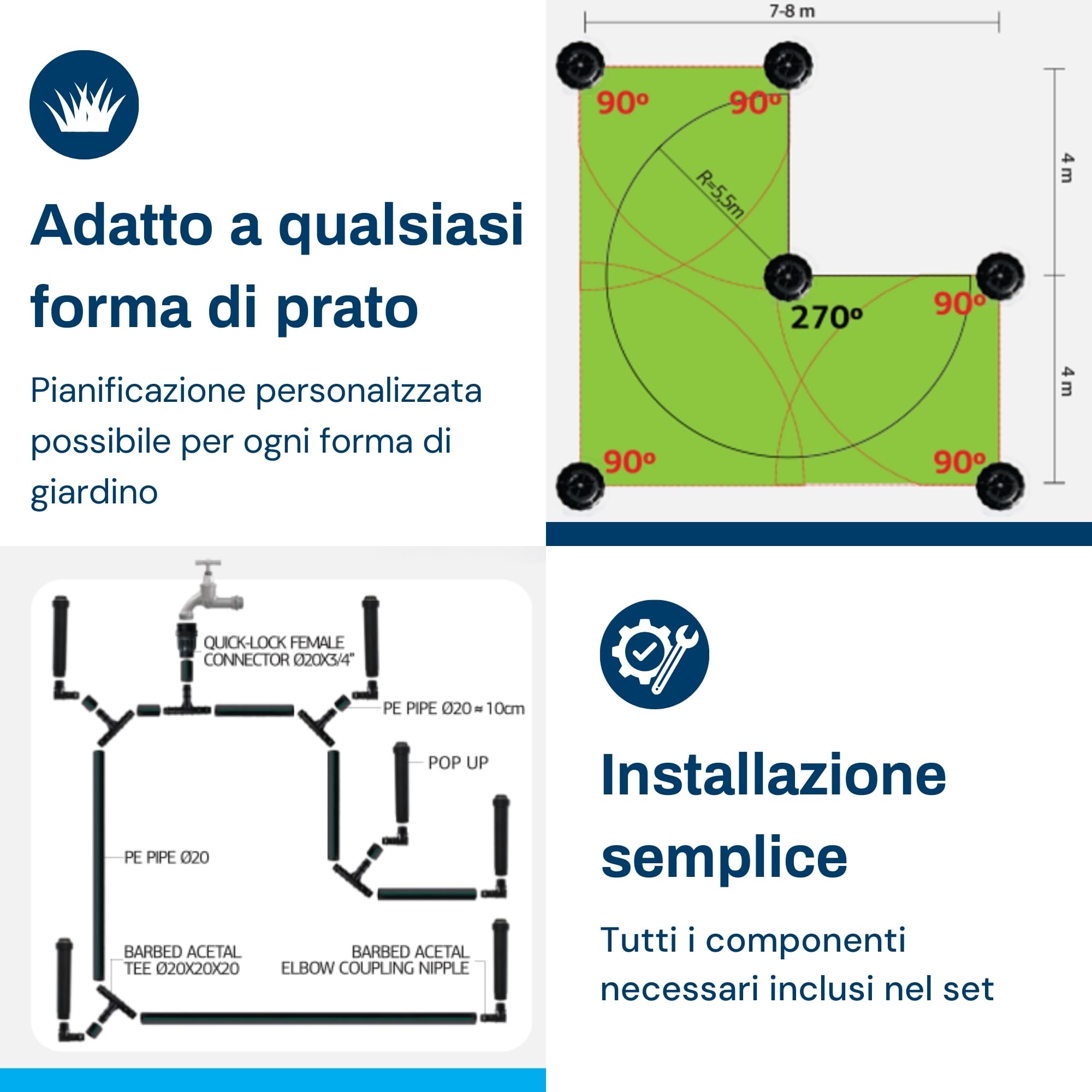BluNature Irrigatore Pop-Up per Giardino - Kit Sistema di Irrigazione a Spruzzo per Prati fino a 70m²