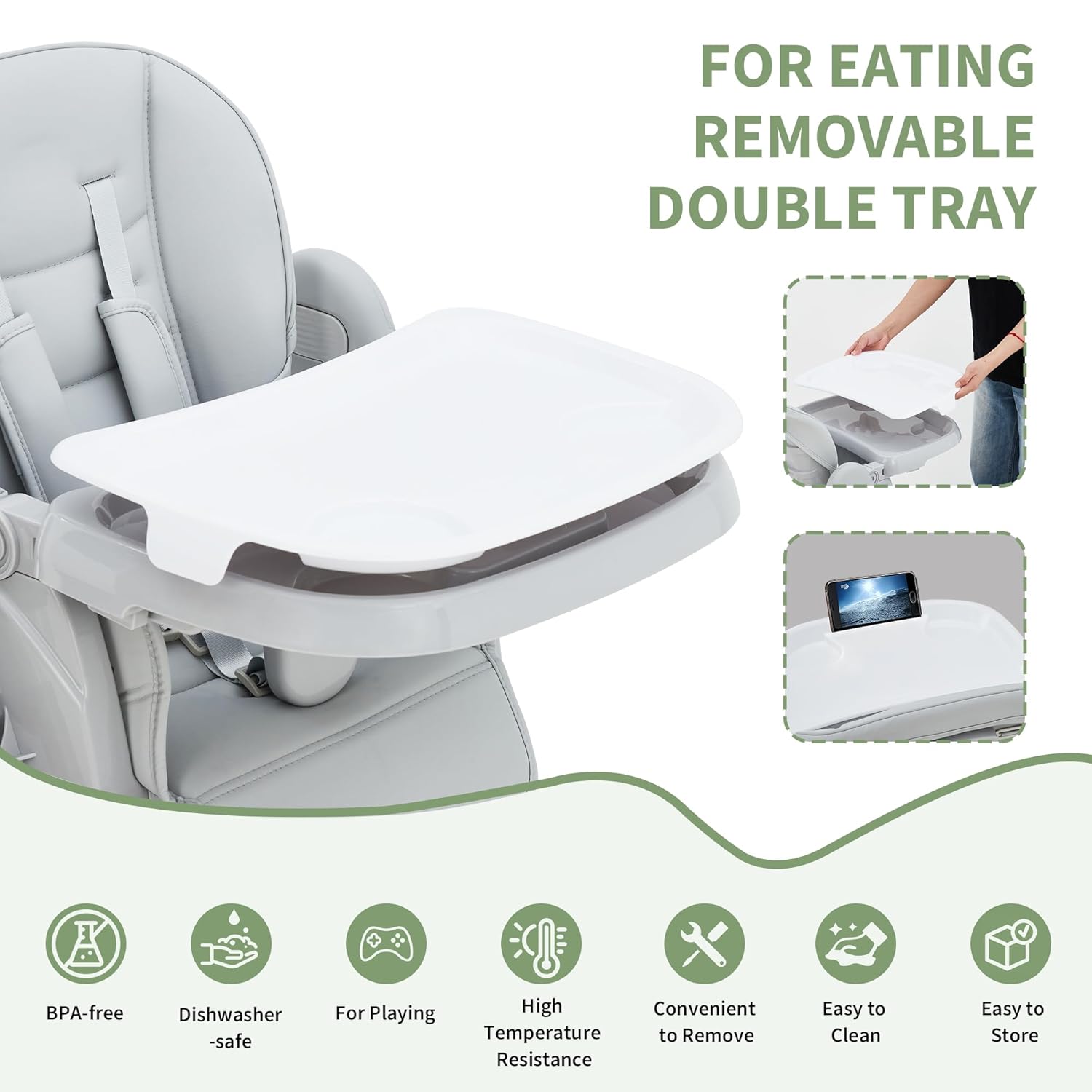 High Chairs for Babies and Toddlers, Foldable Baby High Chair with Adjustable Height, 3-Position Removable Tray, 5-Point Safety Harness, Easy Clean PU Cushion, Portable High Chair for Travel - Grey