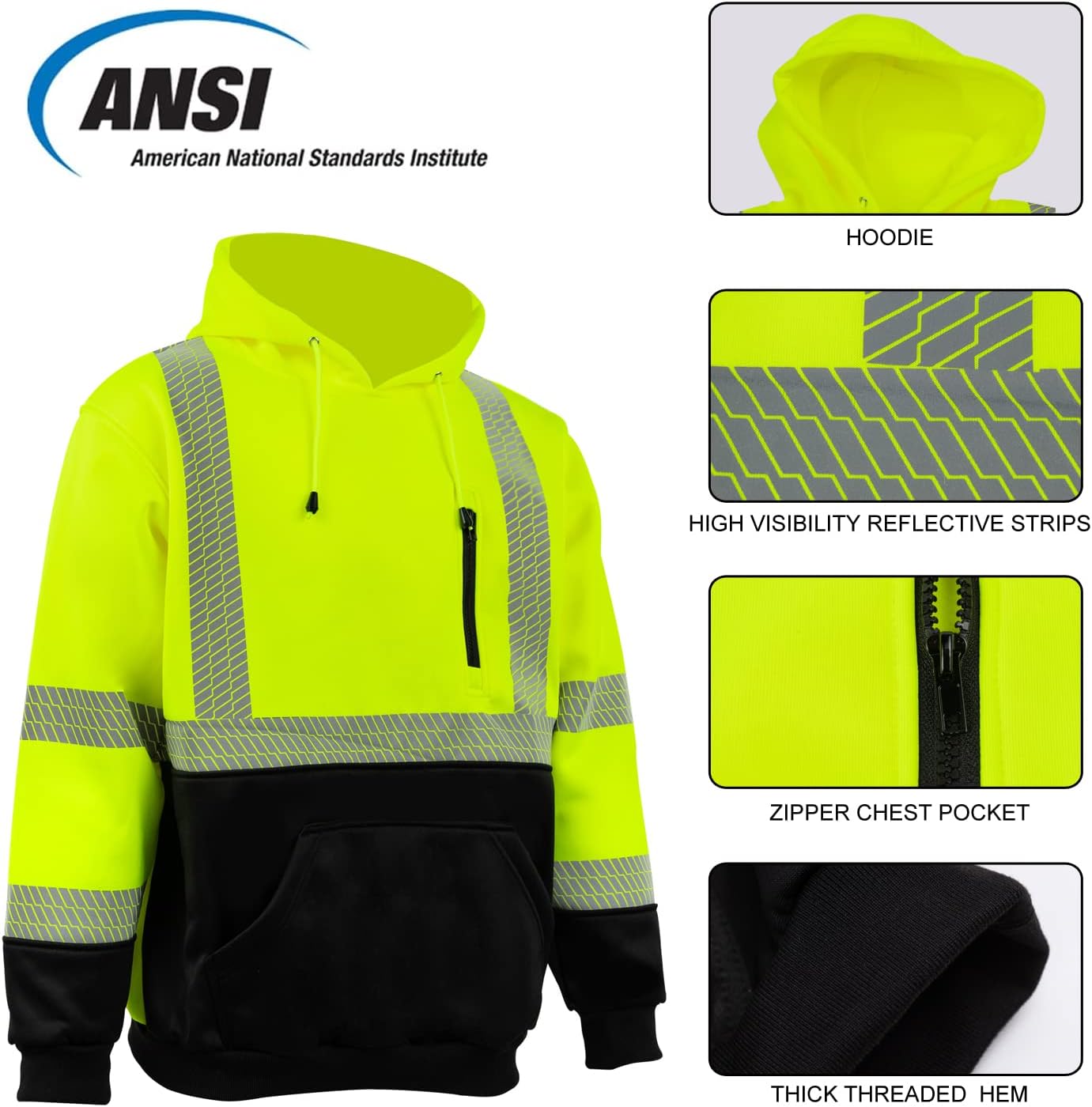 VENDACE High Visibility Reflective Safety Fleece Sweatshirt Hoodies for Men ANSI Class 3 Hi Vis Pullover Hoodie Jacket (Yellow,L) - Image 4
