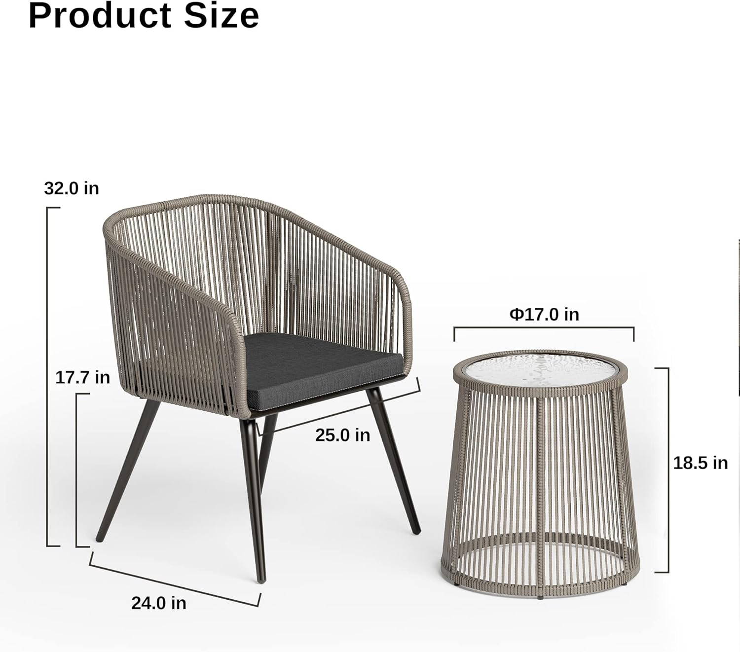 EAST OAK Breezeway Patio Furniture Set, 3-Piece Outside Bistro Set Handwoven Rattan Wicker Chairs with Waterproof Cushions, Tempered Glass Table, Outdoor Conversation Set, Light Grey & Dark Grey