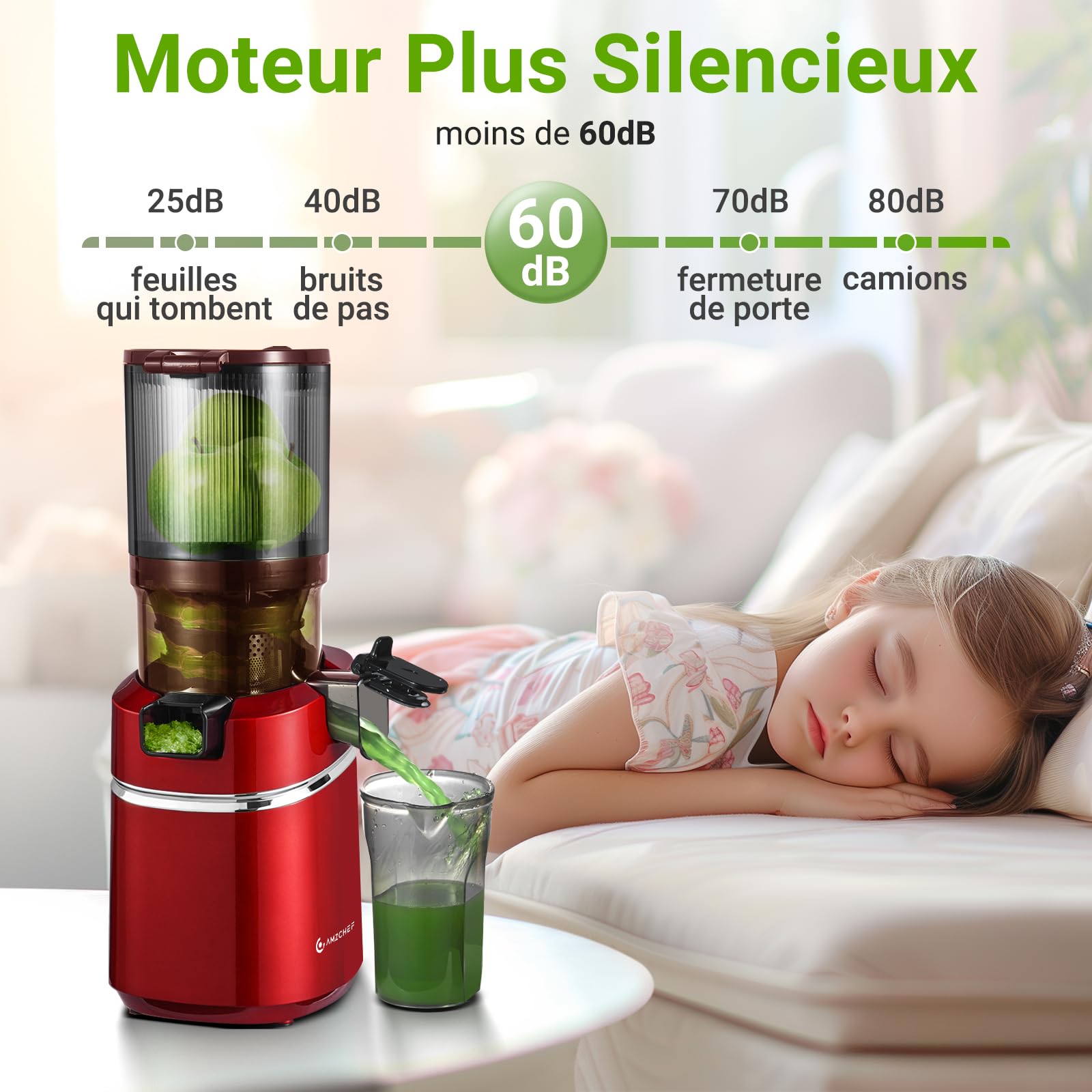 AMZCHEF Extracteur de jus automatique Vos mains libres, Ouverture de 135 mm et capacité de 1,8 L Extracteur de jus de fruits et légumes entiers, Extracteur jus lent de 250W avec triple filtre - Rouge