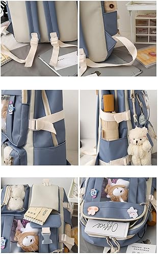 Miniatura 7 de Mochila escolar estética kawaii, juego de 5 piezas con bonitos pines colgantes de oso, mochila pequeña para laptop, kit esencial