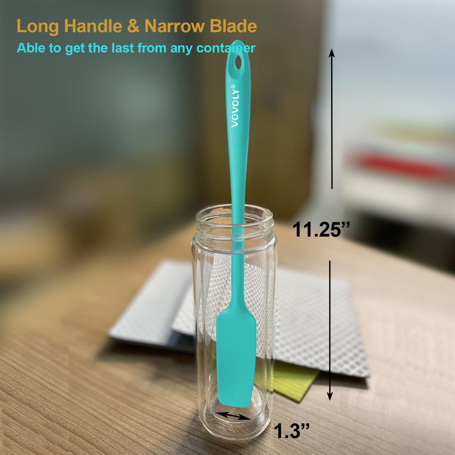 Espátula de silicona Vovoly para tarro de 2 unidades, con mango largo, espátula de goma pequeña resistente al calor de 600ºF, diseño sin costuras, base de acero inoxidable, sin BPA, verde azulado