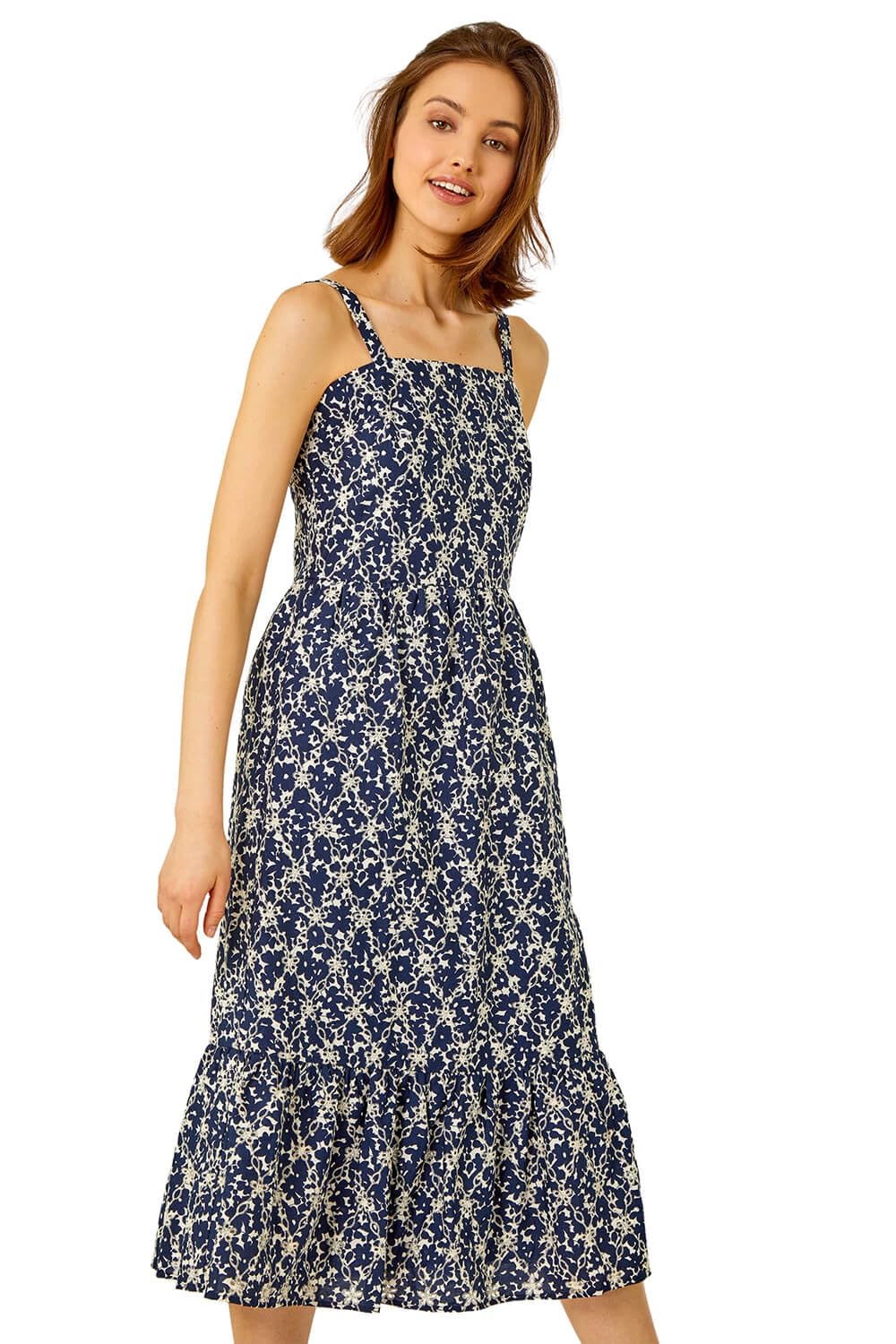 Roman Women's Navy Broderie Detail Cotton Midi Dress Size 14