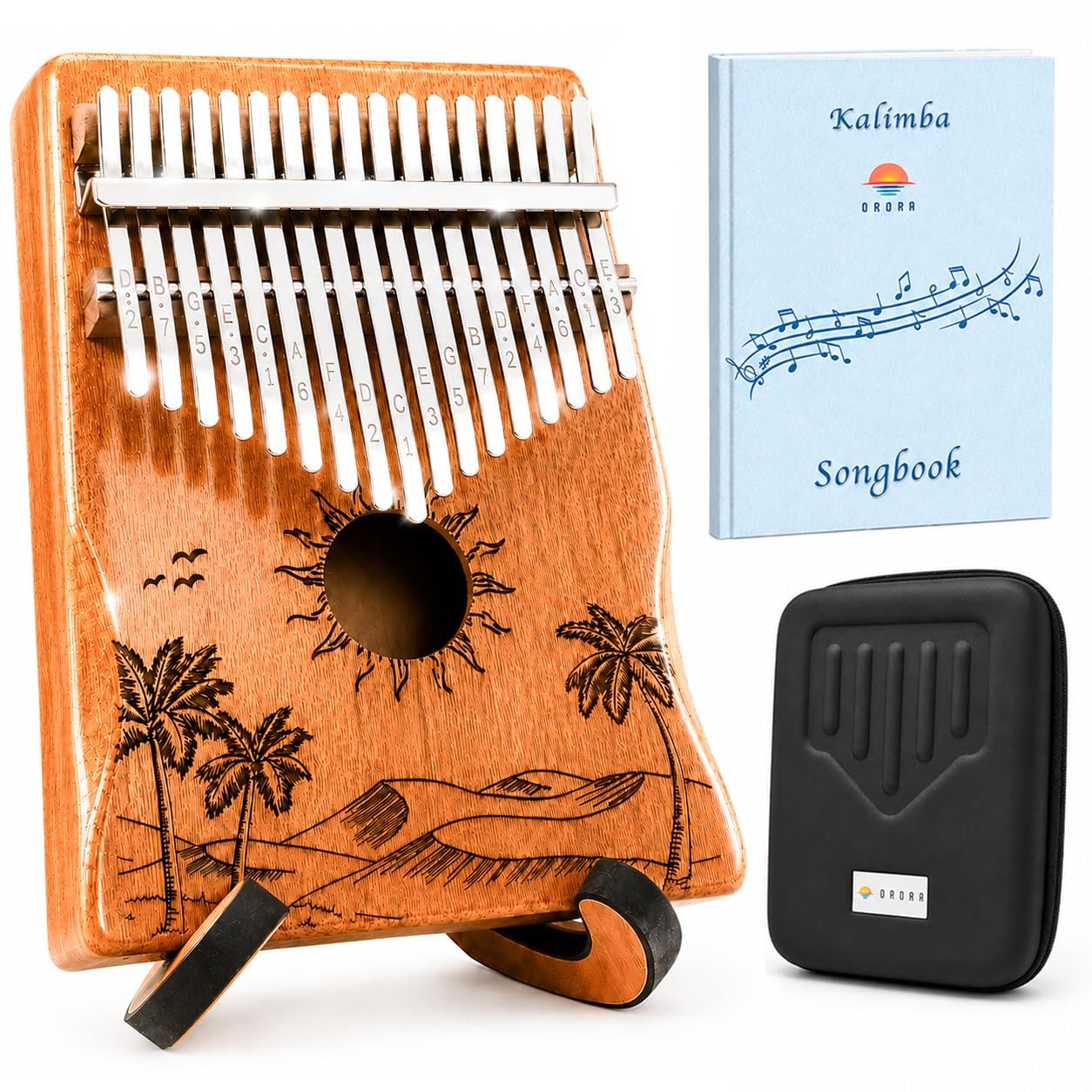 ORORA Kalimba instrument muzyczny dla dzieci i dorosłych, 17-klawiszowy fortepian z grawerunkiem i lakierowanym drewnem, ebook z 50 nutami, etui i akcesoria do pielęgnacji w zestawie, oryginalny