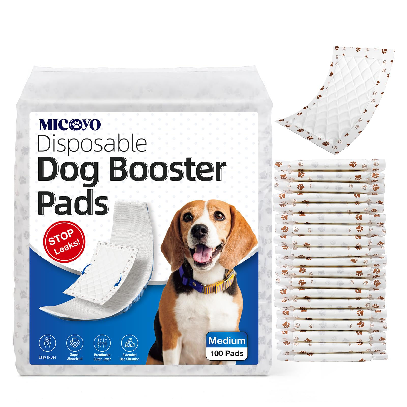 MICOOYO Einweg-Hundewindeleinlagen, Booster-Pads für männliche und weibliche Hunde, super saugfähig, für die meisten Hundewindeln (ohne auslaufsicheren Schutz) (M-100)