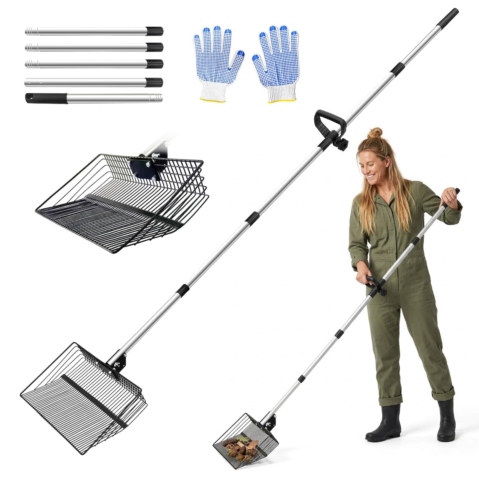 30cm Hühnerkotschaufel, groß Hühnerstall Zubehör mit Griff & Handschuhe, Edelstahl Katzenstreuschaufel, 4-IN-1 Verstellbare Siebschaufel Schaufel Katzenklo von KOT für Hühnerstall Kuhstall Garten