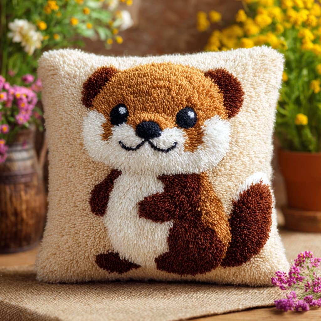Taxpy DIY Latch Hooking Pillow Kits, Animal Pillow Cover Preprinted Throw Pillow Needlework Crochet Yarns Latch Hook Cushion Making17x17inch