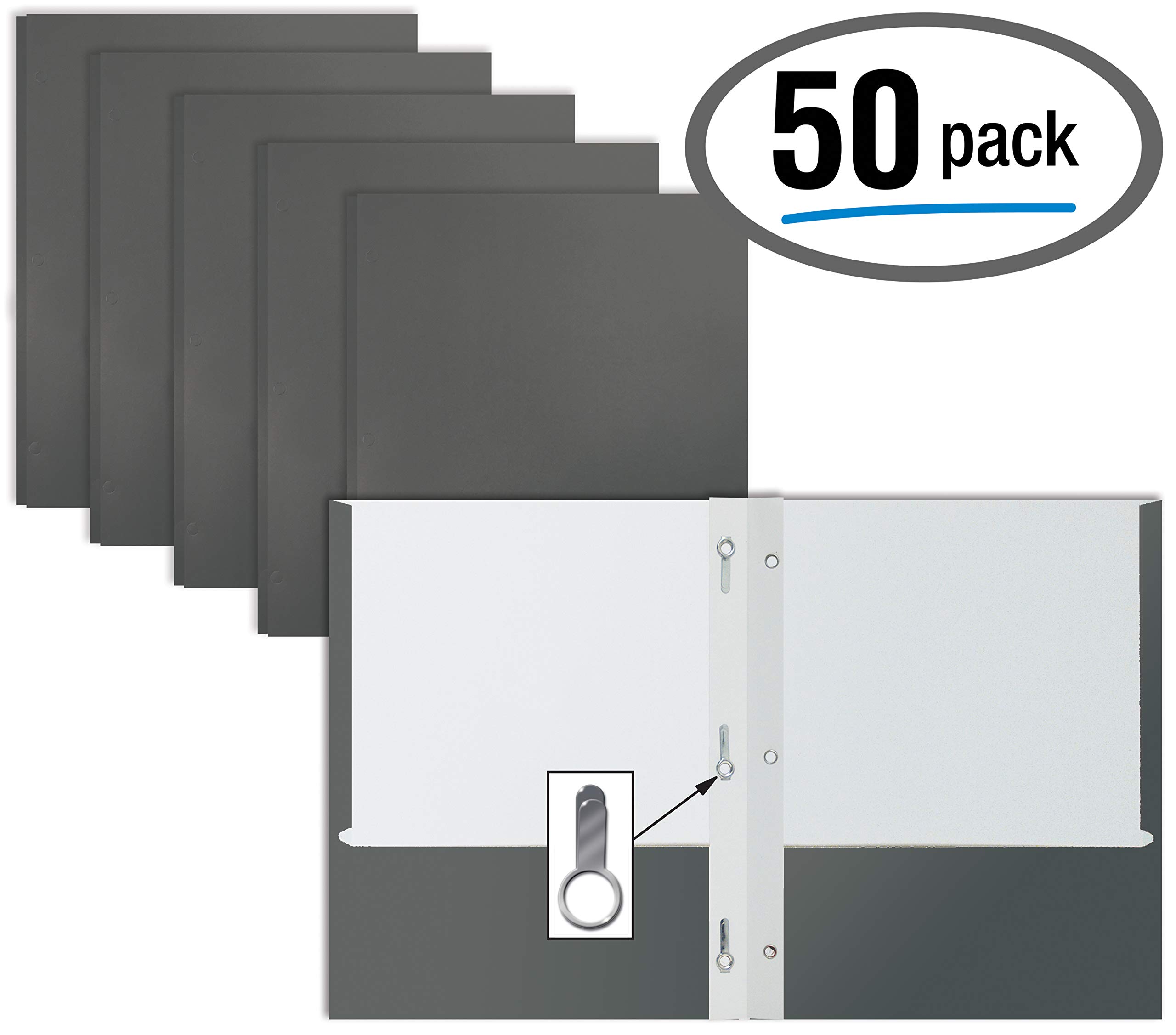 Better Office Products Gray Paper 2 Pocket Folders with Prongs, Matte Texture, Letter Size Paper Folders, 50 Pack, with 3 Metal Prong Fastener Clips, Gray