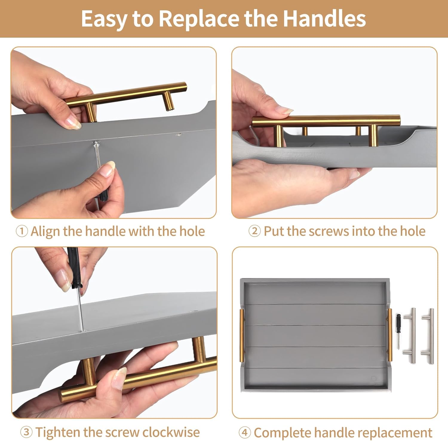 Wooden Serving Tray with 2 Sets of Handles,Large Ottoman Tray for Living Room, Rectangular Wood Tray for Coffee Table, Modern Farmhouse Kitchen Decor, 4 Round Coasters Included,Gray - Image 8