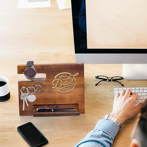 Miniatura 6 de Regalos para papá Estación de acoplamiento de madera para teléfono para hombres personalizada Ganchos para llaves, cartera, soporte organizador de