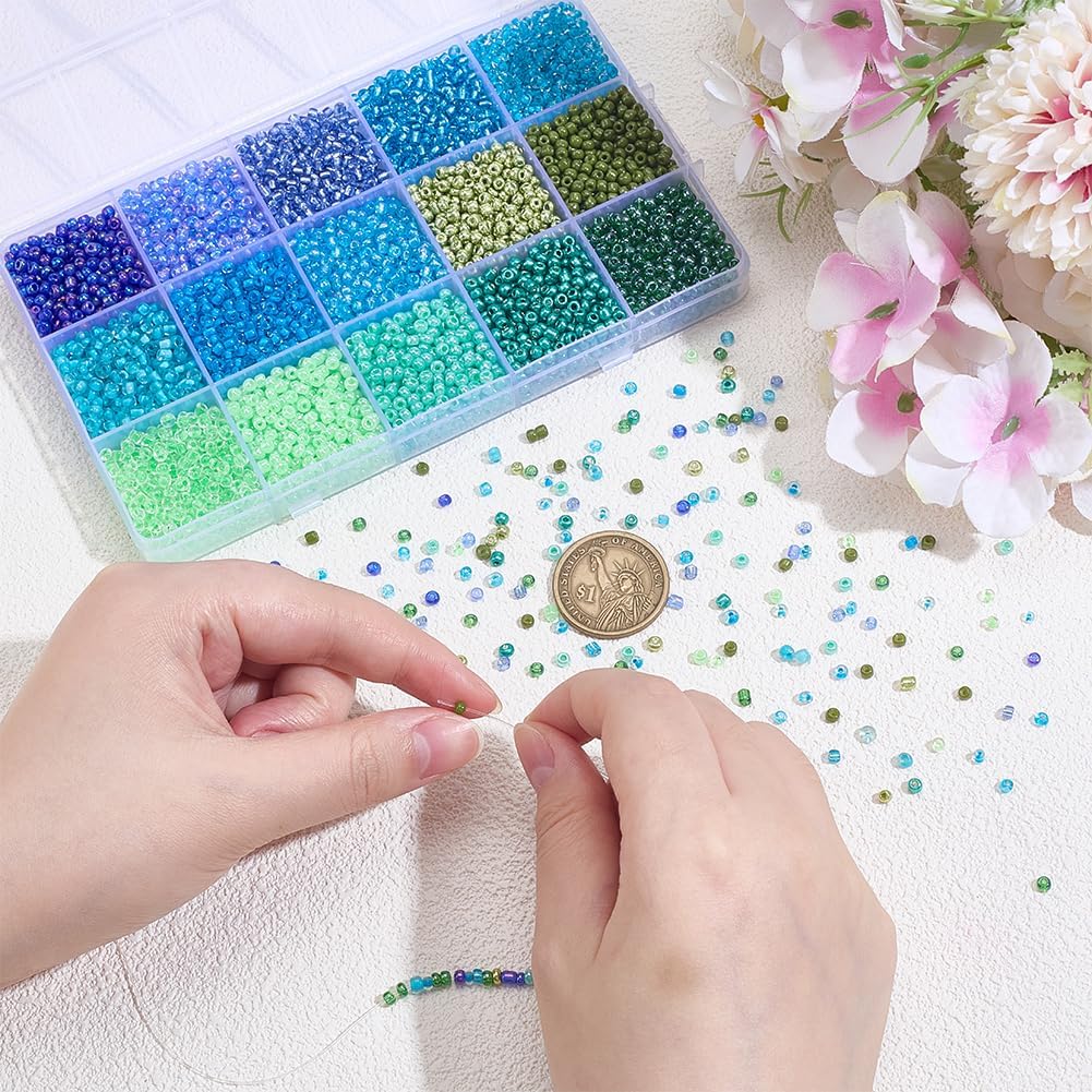 WADORN 15 Colors 4950Pcs Blue Green Glass Seed Beads, 3mm 4mm Mini Seed Bead Bulk Colorful Smooth Pony Bead Small Round Waist Loose Spacer Beads for DIY Necklace Bracelet Earring Jewelry Making - Image 3