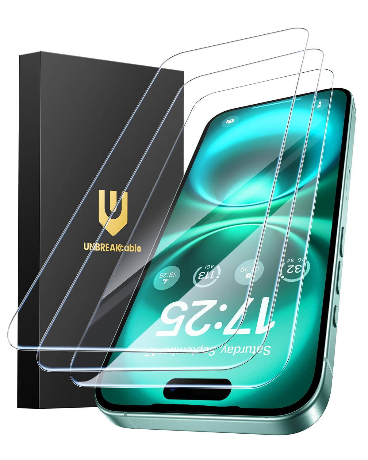 UNBREAKcable 3-pak ochraniaczy ekranu do iPhone'a 16 Plus, podwójne nietłukące się szkło hartowane [łatwa ramka montażowa] [twardość 9H] [99,99% HD Clear] [Przyjazny dla etui] dla iPhone'a 17.0 cm